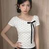 Pure Cotton, Korean Polka Dot Bow Diagonal Neck Short-sleeved T-shirt Women's Summer Slim-fitting and Thin Short Spice Girl Top
