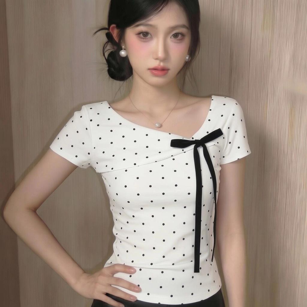 Pure Cotton, Korean Polka Dot Bow Diagonal Neck Short-sleeved T-shirt Women's Summer Slim-fitting and Thin Short Spice Girl Top