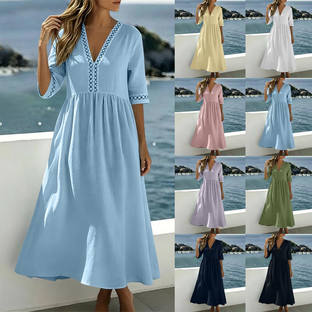 Women Casual Loose Fit V Neck Short Sleeve Dress Cotton Linen Blend Midi Length Summer Dress with Lace Trim Detailing