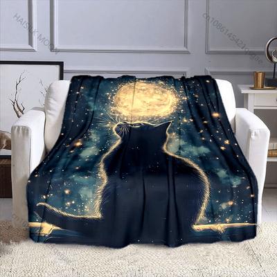Mehrere Größen Schwarze Katze blickt auf den Mond Druckdecke Flanellmaterial Weich Warm für Alle Jahreszeiten Zuhause Outdoor Camping Picknicks Wohnmobil