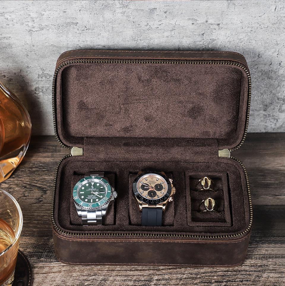 Vintage Crazy Horse Leather Watch and Jewelry Travel Box - Genuine Three-Piece Storage, Portable Ornament Gift Case.