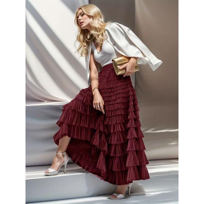 

Solid Color Elastic Waist Half Length Skirt Pure Color Elastic Waist Skirt Jujube Red XL