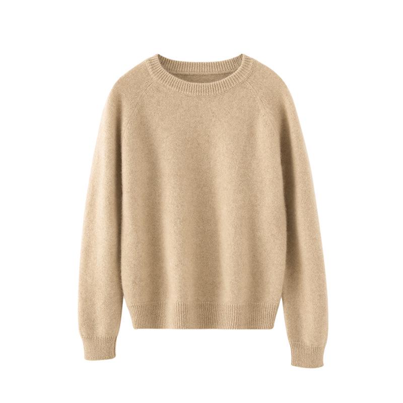 Women's Thick Cashmere Round Neck Raglan Sweater - Slim Fit, Soft Knit for Autumn/Winter