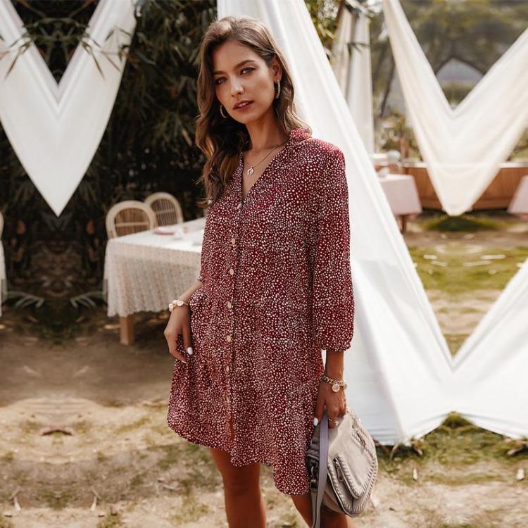 Women Summer Casual V-neck Mini Dress Three Quarter Sleeve Single Breasted Print Above Knee Sizes S-XL Black White Burgundy