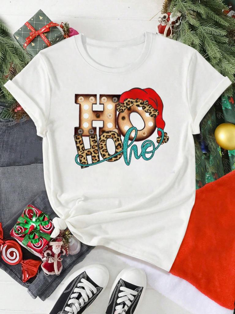 HO HO HO Christmas Hat Pattern Tshirt Loose Breathable Holiday Activities Shortsleeved Tshirt Unisex Women Unisex Casual Tops