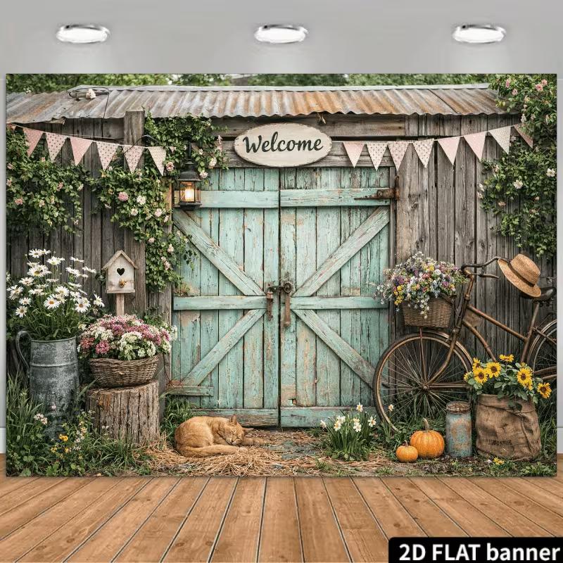 2D Vintage Fahrrad und Blumen Hintergrundtuch Fotokabinen Requisite