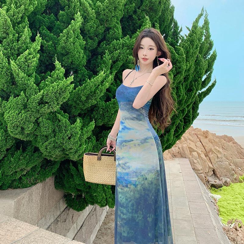 New Smudged Mesh Temperament Dress Women's Summer Literary and Retro Commuter Word Skirt Breathable Vacation Dress