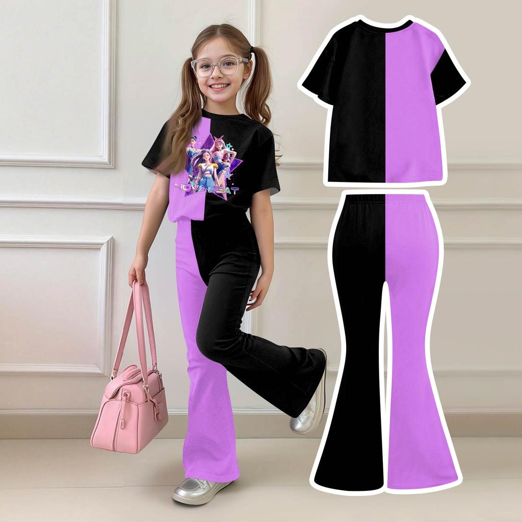 Girls Short Sleeve Graphic Tee And Flare Pants Set With Star Casual Two Piece Outfit For Kids