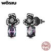 WOSTU 925 Sterling Silver Black Rose Stud Earrings for Women Mystic Topaz Flower Earrings with CZ Vintage Gothic Jewelry Gift