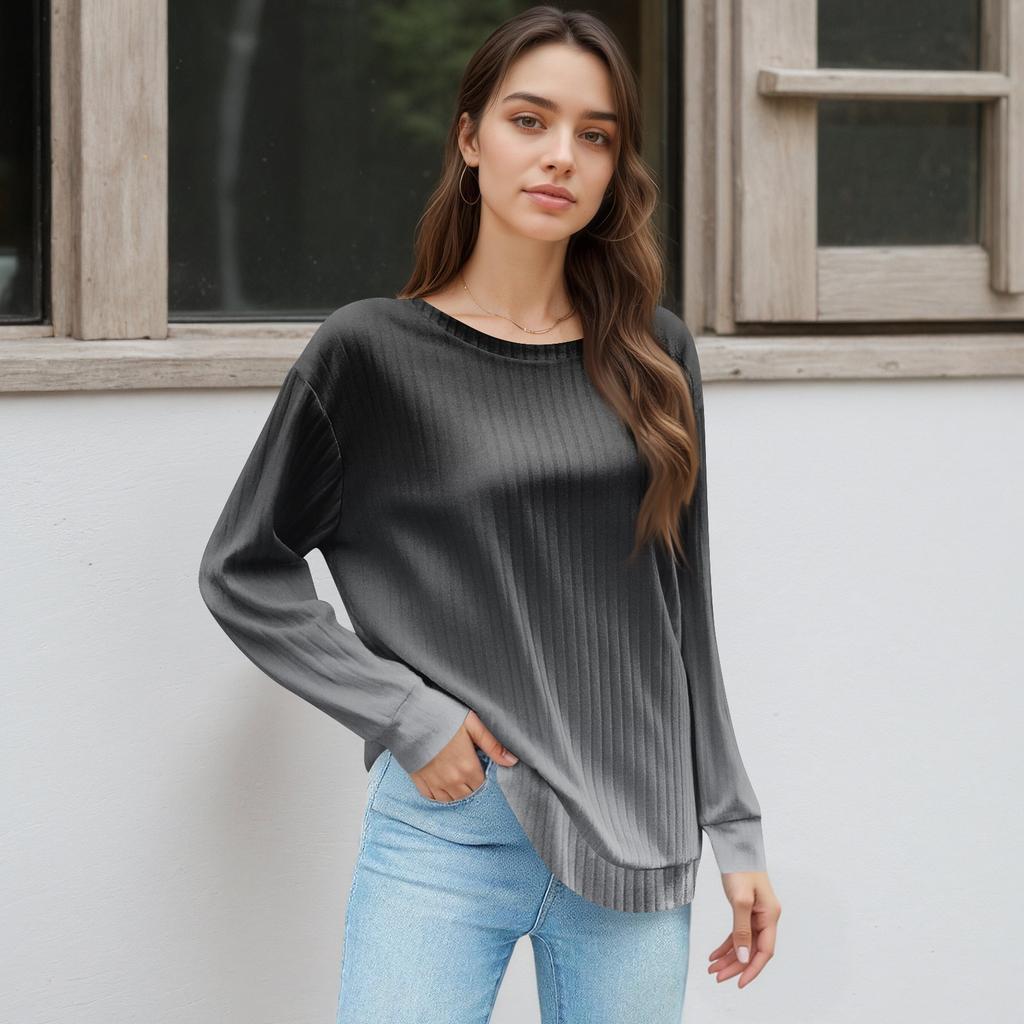 Women's Winter Color-Block Printed Lightweight Brushed-Cotton Round Neck Top