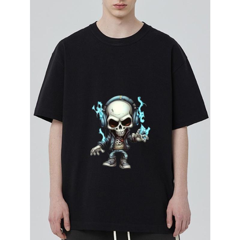 Crewneck T Shirt Black Skull with Headphones and Blue Flames Graphic Print for Casual Wear