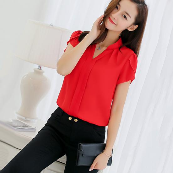 Office Lady Formal Summer Solid Color Chiffon Blouse V Neck Short Sleeve Shirt
