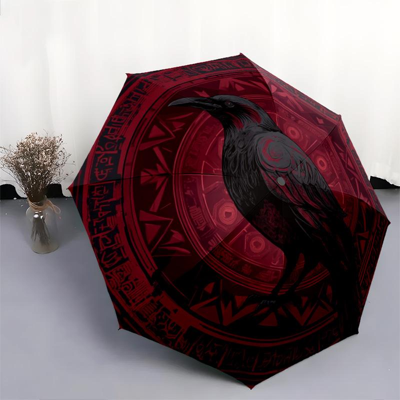 Rune Raven pattern, automatic folding umbrella, portable and foldable design, 8 ribs, a Christmas or birthday gift.