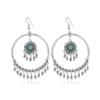 Vintage Ethnic Jewelry Bohemian Antique Silver Color Alloy Imitation Turquoise Tassel Earrings For Women's Party Accessories