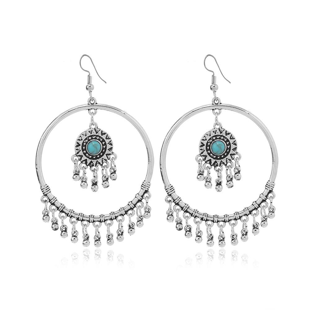 Vintage Ethnic Jewelry Bohemian Antique Silver Color Alloy Imitation Turquoise Tassel Earrings For Women's Party Accessories