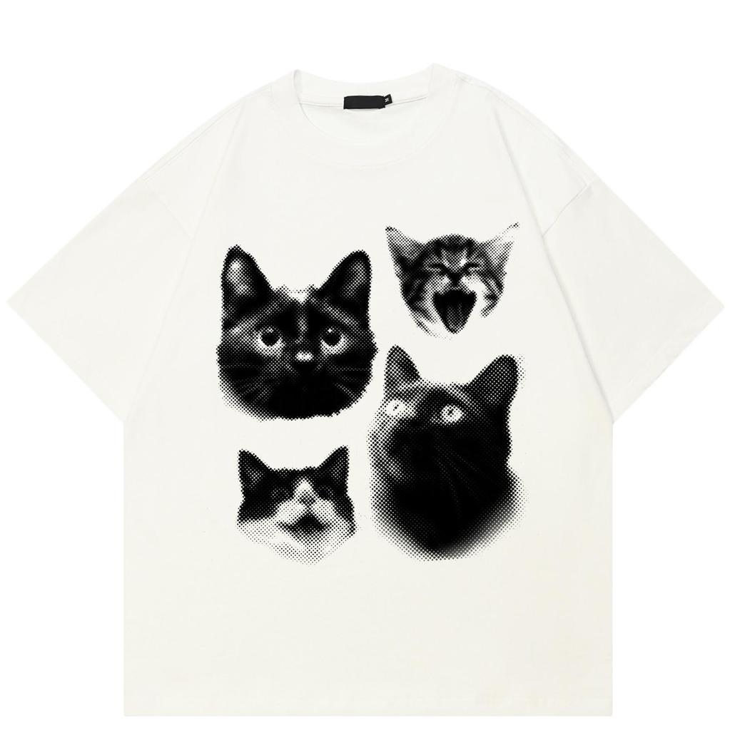 Retro Halftone Cat Faces Print 100% Cotton Short Sleeve Tee