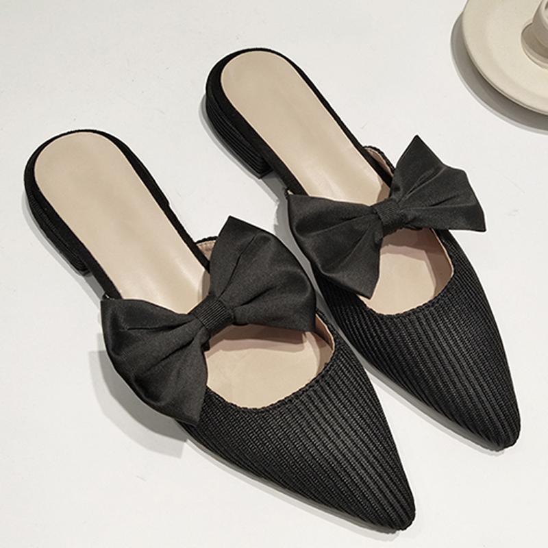 New Butterfly -Knot Pointed Toe Mules Shoes Stretch Knitted Slippers Women Mesh Slides Fashion Slip On Shallow Flats Spring