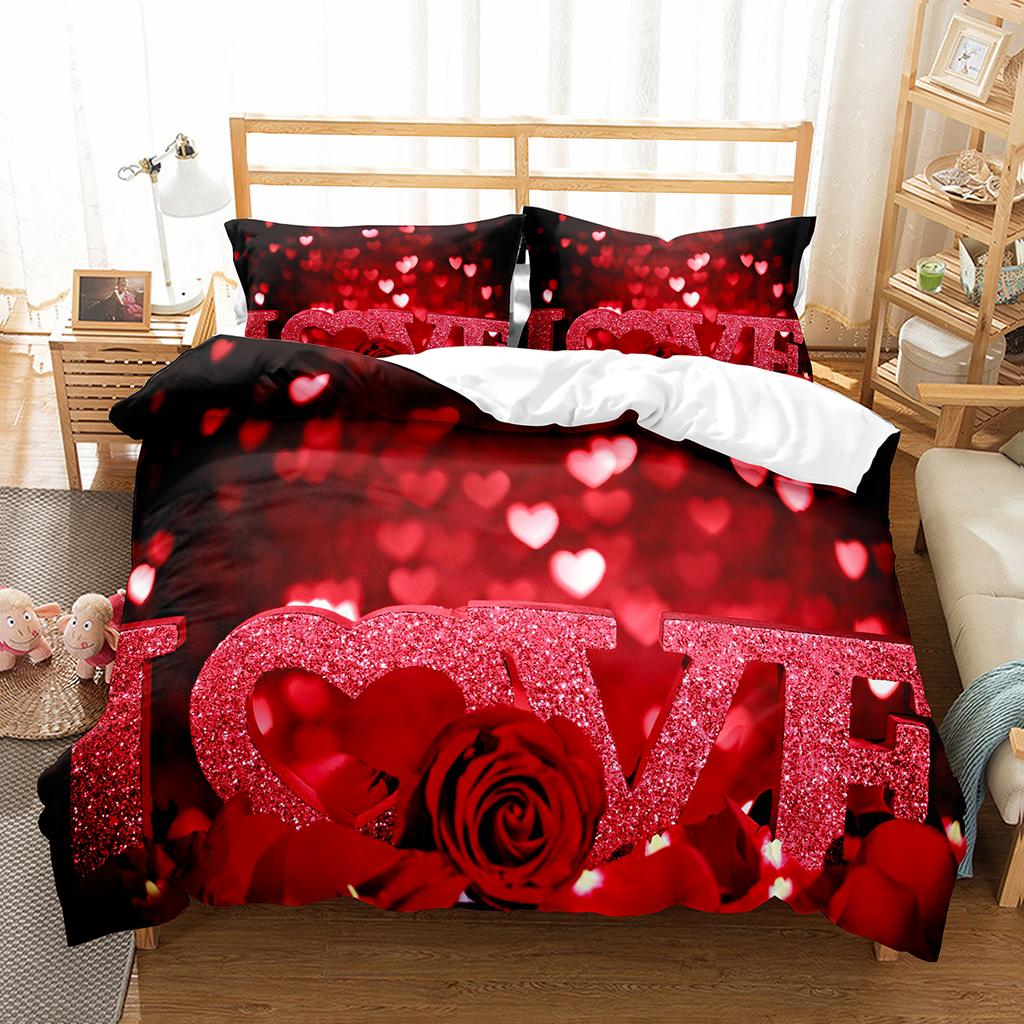 Love Heart Duvet Cover Set Romantic Polyester Comforter Cover Twin Full Size For Couple Girlfriend Bedroom Decor Bedding Set