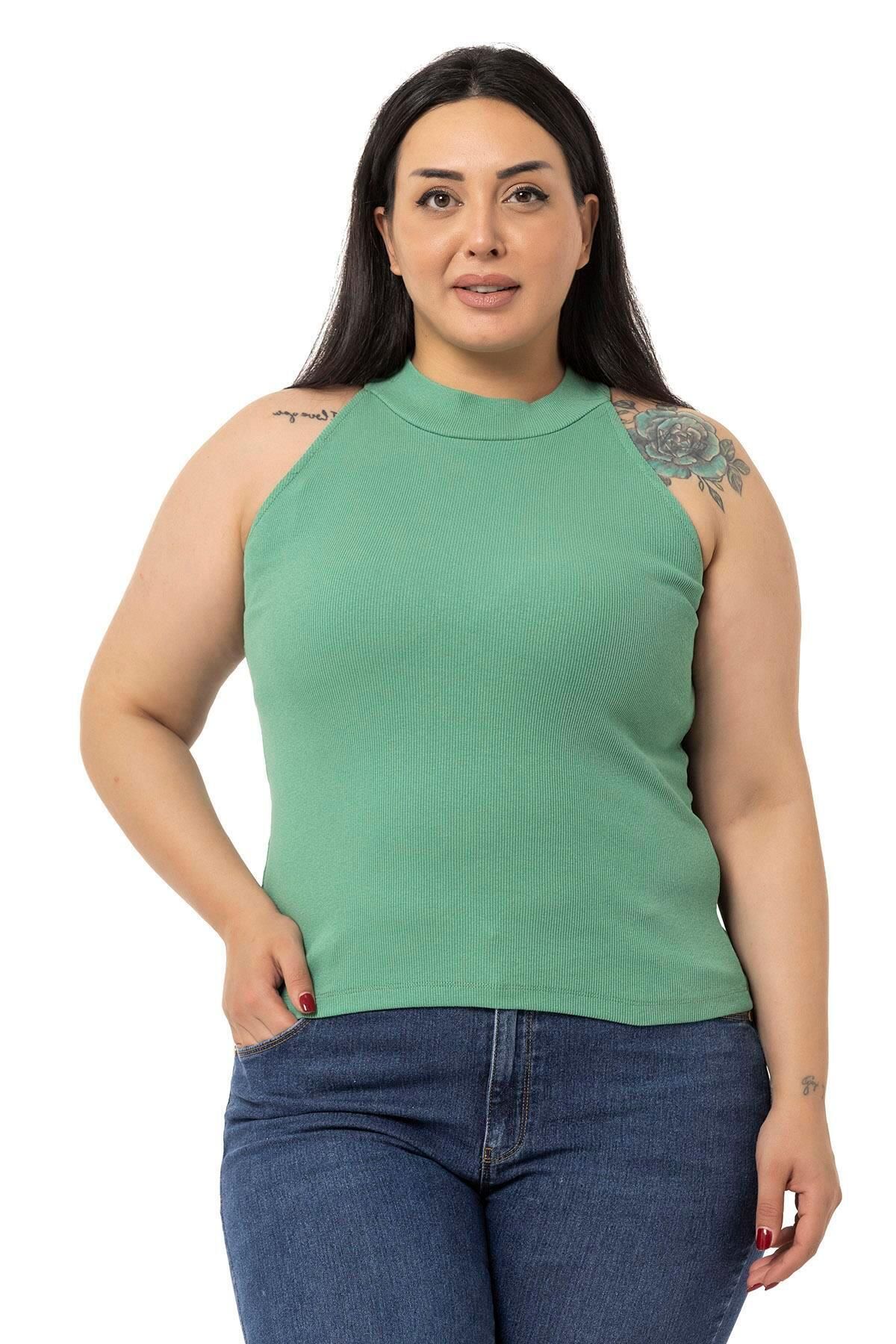

Women s Style Big Size Body Plus Size Halter Neck Half Turtleneck Ribbed Camisole Green Bodysuit 2XL