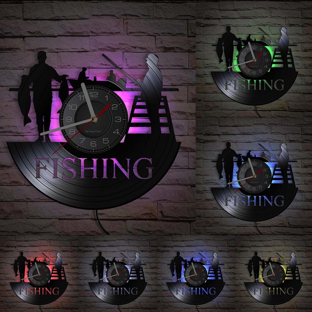 Gone Fishing Wall Art Sign Fish Rod Fisherman Wall Clock Interior Fishing Vinyl Record Wall Clock Handmade Gift For Fishermen