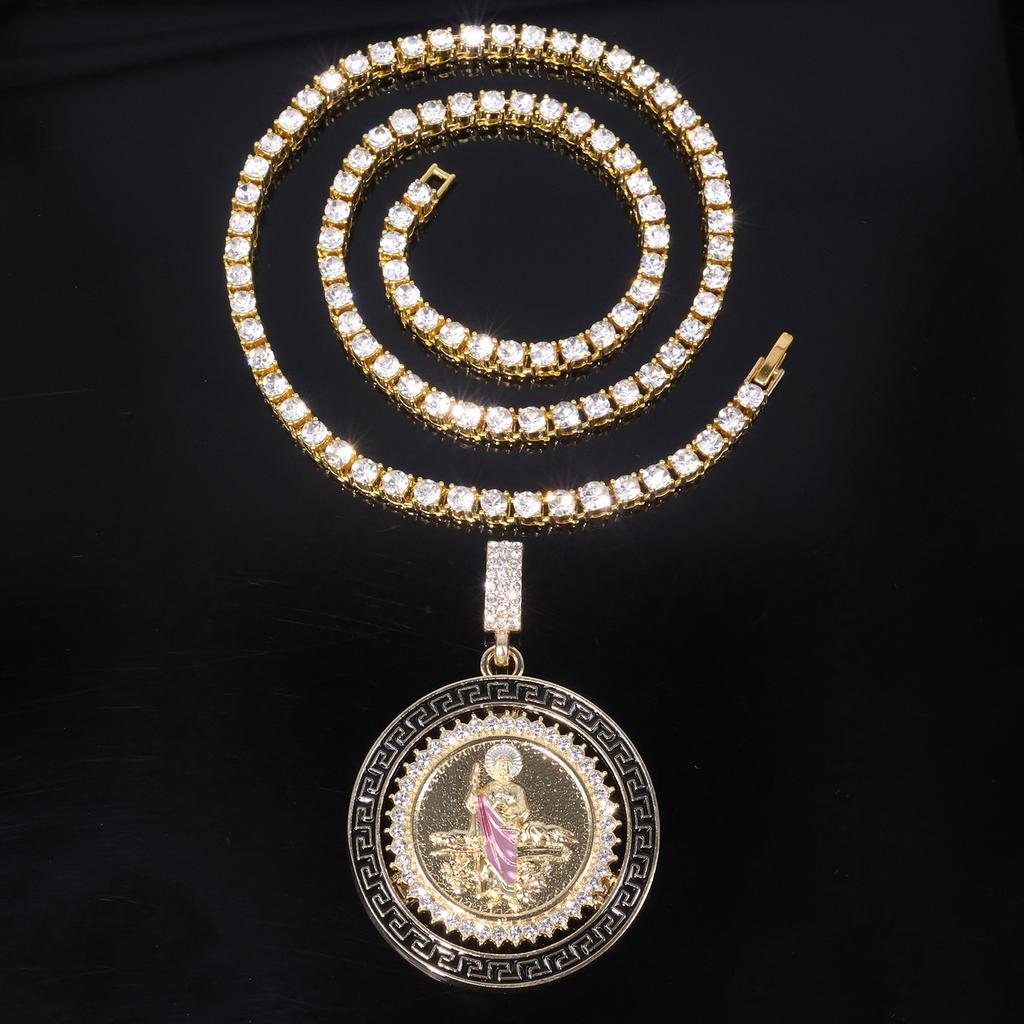 European and American New Rotatable St. Jude Alloy Pendant, Alloy Diamond-encrusted Personalized Hip-hop Style Necklace Jewelry