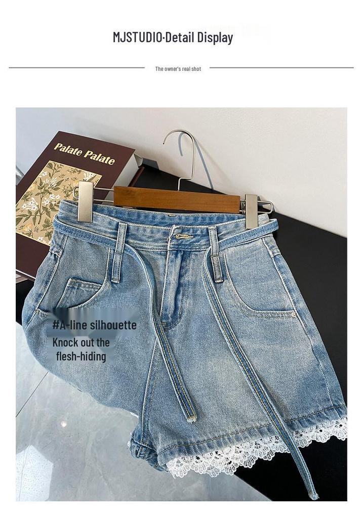 Plus Size Lace Trim High-Waist Denim Shorts - Women's Casual Loose A-Line Summer Pants