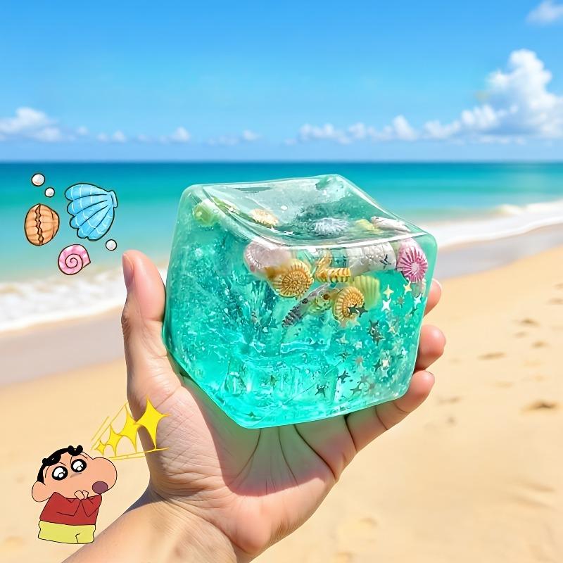 Aesthetic Blue Ice Cube Squishy - Cute Seashell Inclusions, Sensory Toy For Anxiety & Focus