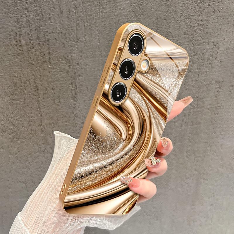 Gold Fluid Pattern 2D Phone Case for Samsung S26 S25 S24 S23 S22 S21 S20 A56 A36 A16 - Golden Glass Protective Cover