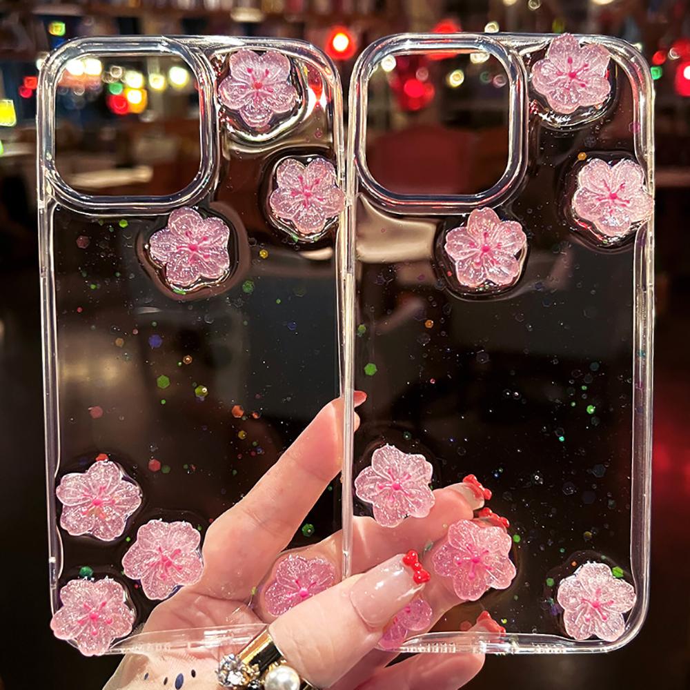 Lovely Pink Flower 3D Cherry Blossom Bling Glitter Phone Case For iPhone 17 Pro Max Air 16 15 13 12 11 14 Plus Clear Back Cover