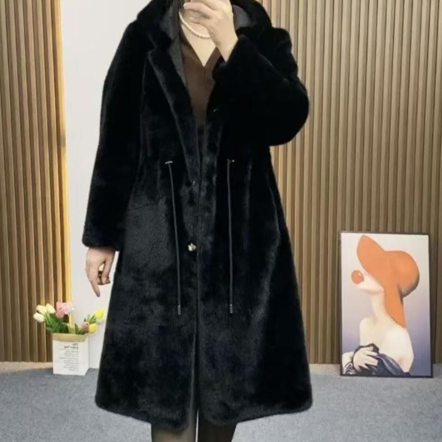 Black Long with Rope Hat, Gold Mink Jacket, Imitation Mink Environmentally Friendly Fur Coat, Hooded and Thickened.