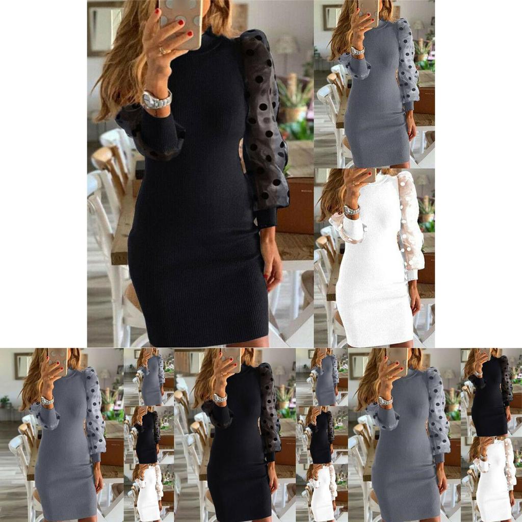 Elegant Women's Polka Dot Jumper With Long Net Yarn Sleeves For Flattering Bodycon Fit