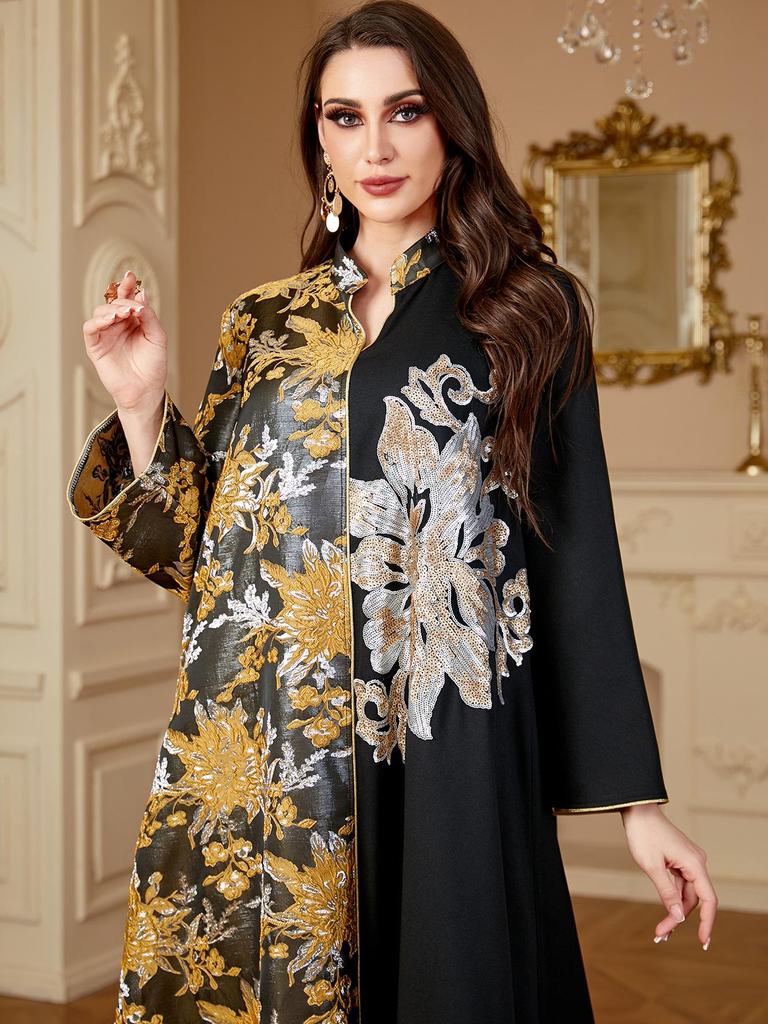 Middle East Muslim Women's Color Block V-Neck Jacquard Dress
