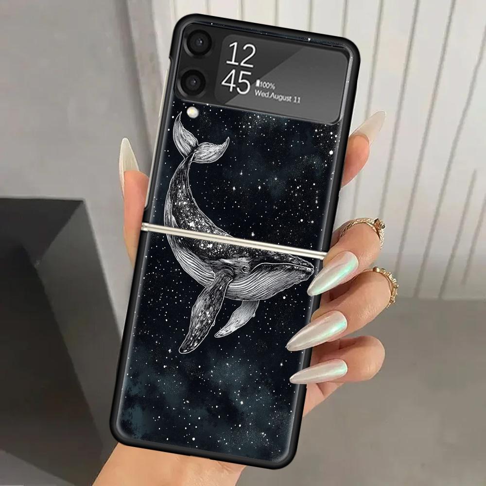 Humpback Whale Sea Giant Hard PC Phone Case For Samsung Galaxy Z Flip 7 6 5 4 3 Black ZFlip7 ZFlip6 Flip5 Flip4 Flip3 5G Print C