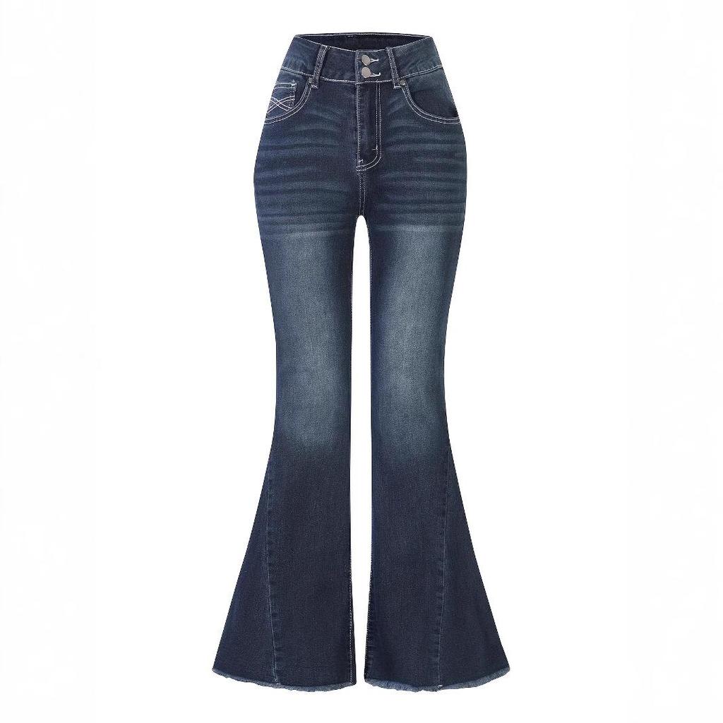 European Retro Mid-Waist Stretch Wide-Leg Embroidered Denim Jeans for Women