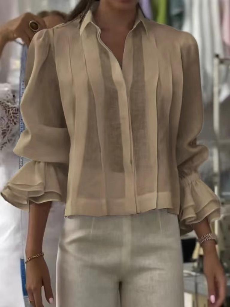 Summer New Women's Casual Loose Fashion Ruffled Solid Color Patchwork Short Sleeve Shirt