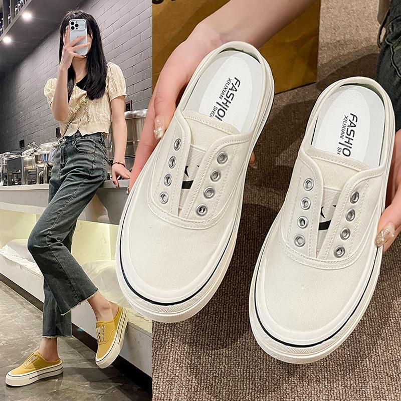 2025 new casual canvas shoes heel-free versatile lazy one-pedal platform ins bag head half slippers women's summer