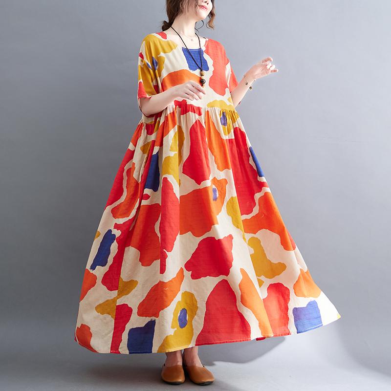 

DIMANAF Плюс Размер 2022 Льняное летнее платье Пляжный сарафан Цветочный повседневная женская одежда Оранжевый One Size красный