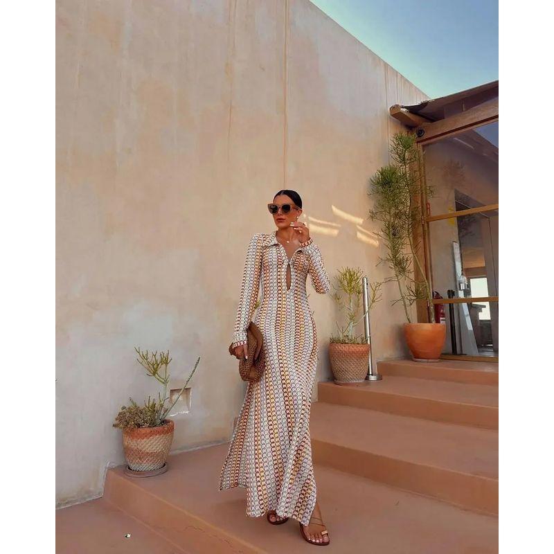 

Low Cut V-neck Hollow Slim Women s Long Skirtv Collar Split Women s Dress BROWN S(S)