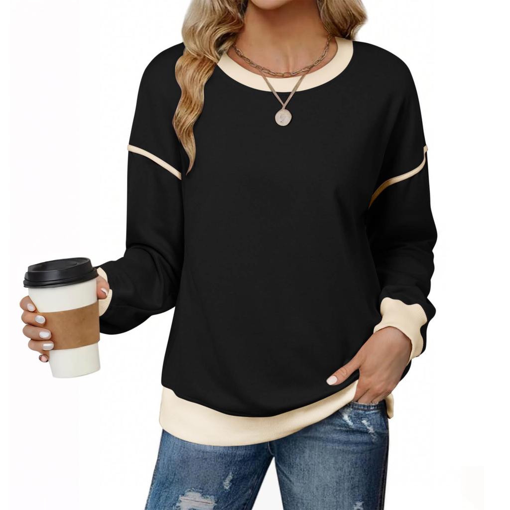 Women's Fashionable Round-Neck Wool Blend Long-Sleeve Color-Blocked Oversized Top