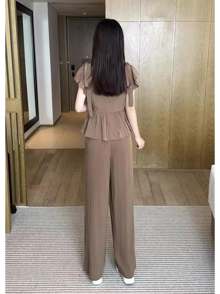 2024 Plus Size Ice Silk Women’s Stylish Summer Two-Piece Set with Wide-Leg Pants