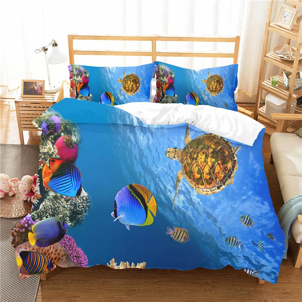 Ocean Fish Bedding Set - Polyester, Marine Theme with Underwater Sea Life, Twin to King Sizes
