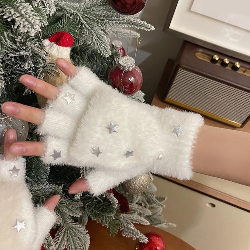 Half Finger Screentouch Gloves with Star Decors Soft Rex Rabbit Furs Short Gloves for Students Girl Winter Daily Wear