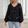 Womens V-Neck Knit Sweater With Bow Detail Lantern Sleeve Chunky Ribbed Soft Fleece-Like Fabric Fall Winter Casual Top