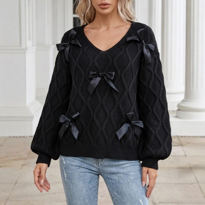 Womens V-Neck Knit Sweater With Bow Detail Lantern Sleeve Chunky Ribbed Soft Fleece-Like Fabric Fall Winter Casual Top
