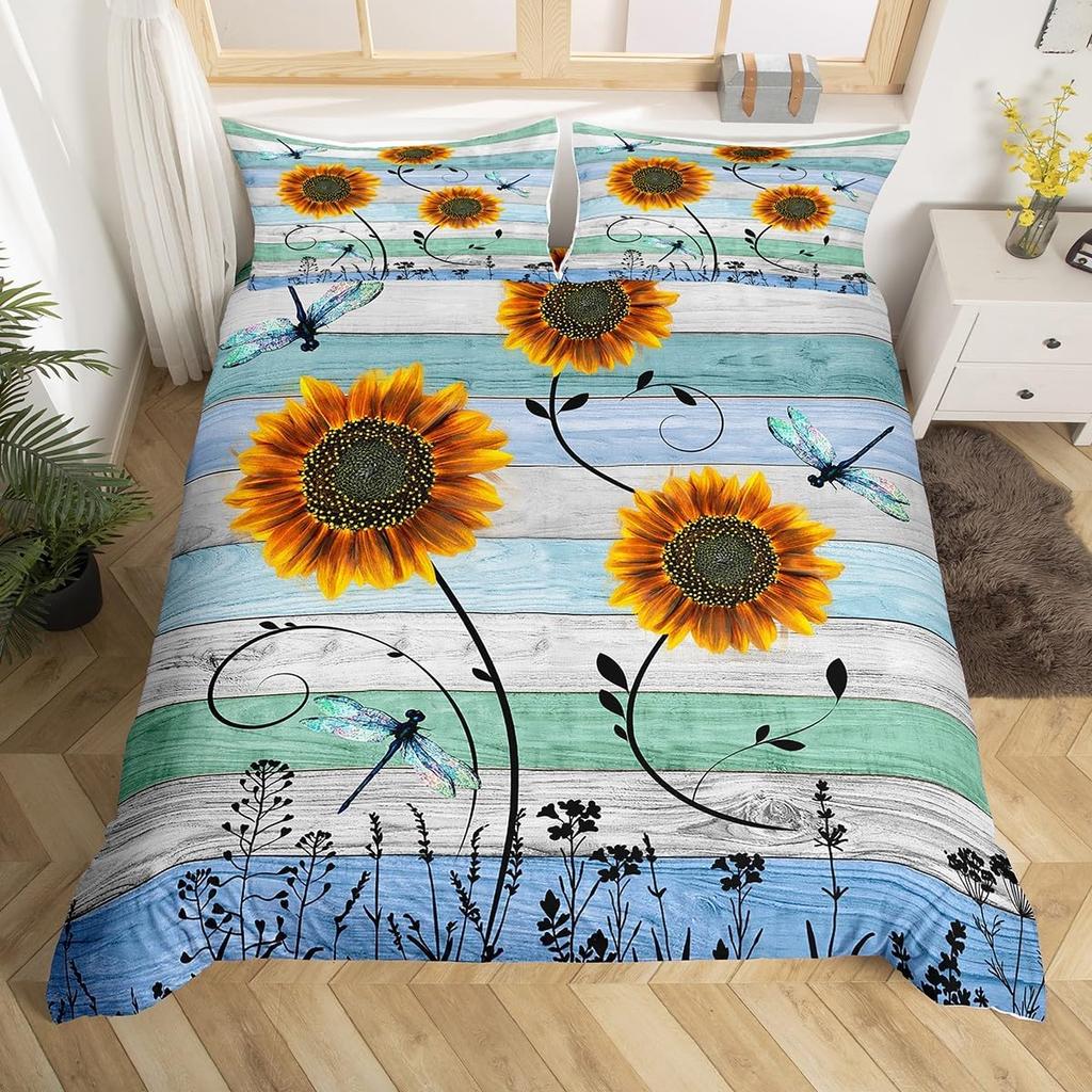 Rustic Farmhouse Bedding Sets Queen Country Butterfly Sunflower Duvet Cover Retro Barn Door Comforter Cover Cabin Lodge Bed Set