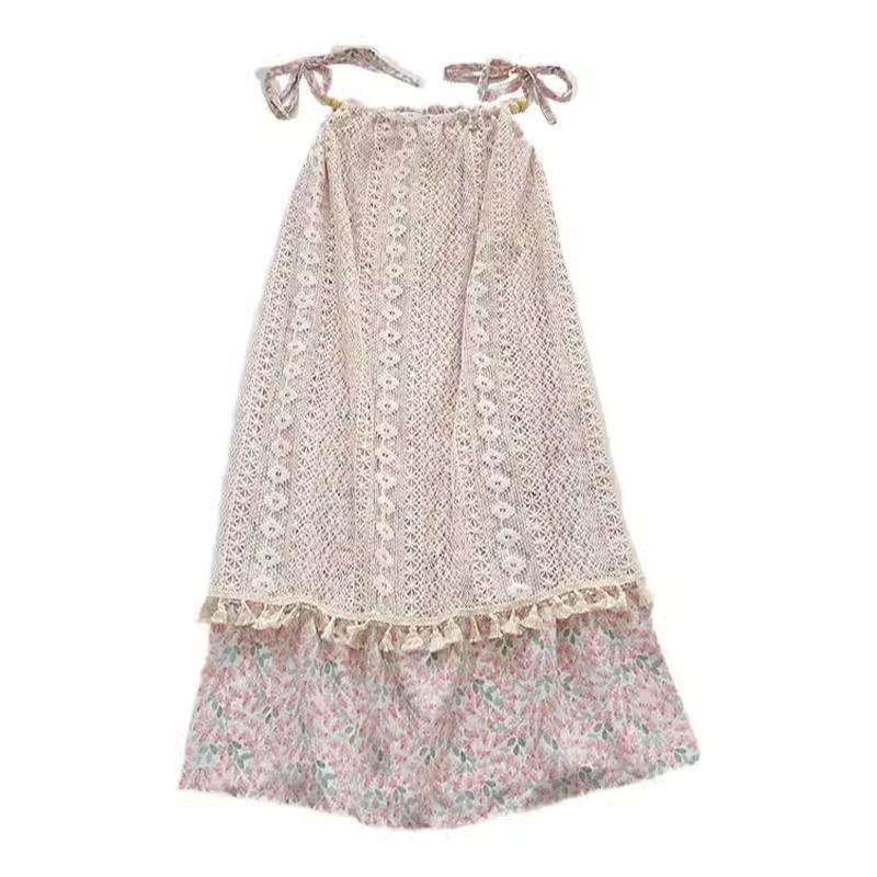 French Retro Fringed Splicing Sweet Dress Children's Summer New Thin Temperament Suspender Sleeveless Medium and Long Dress
