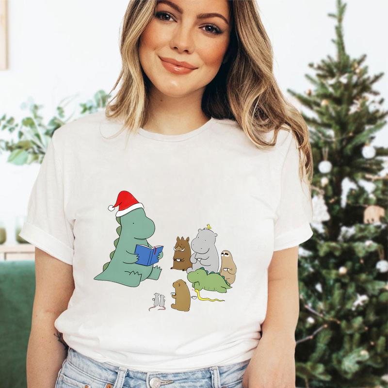 Christmas Cartoon Dinosaur Girls Clothing Crew Neck Funny Festive Premium Tshirt Cute Dinosaur Merry Christmas Gift Tshirts S