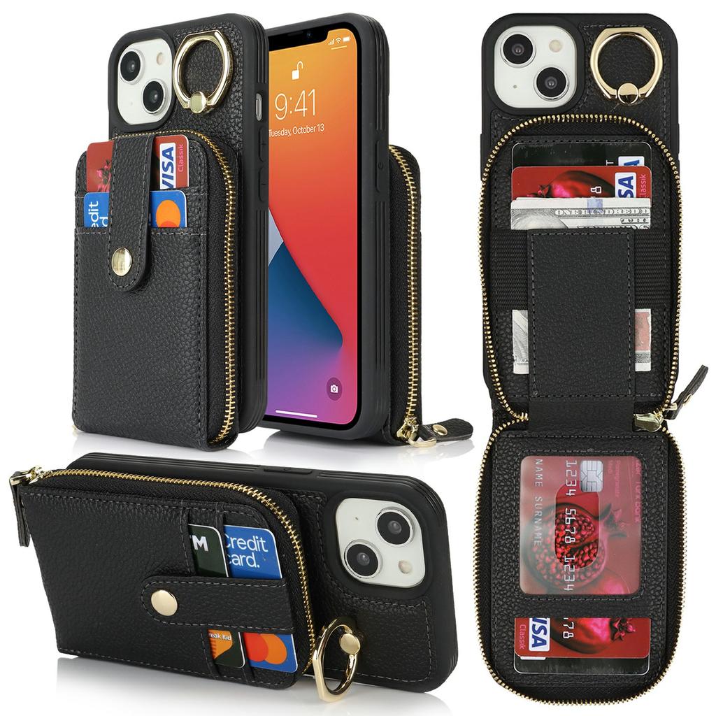 For iPhone 14/13 Case with Zipper Pouch/Ring Kickstand/Strap Litchi Texture PU+TPU Phone Cover