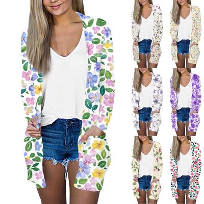 Damen Casual Mode Floral bedruckte Langarm Mittellange Strickjacke Jacke