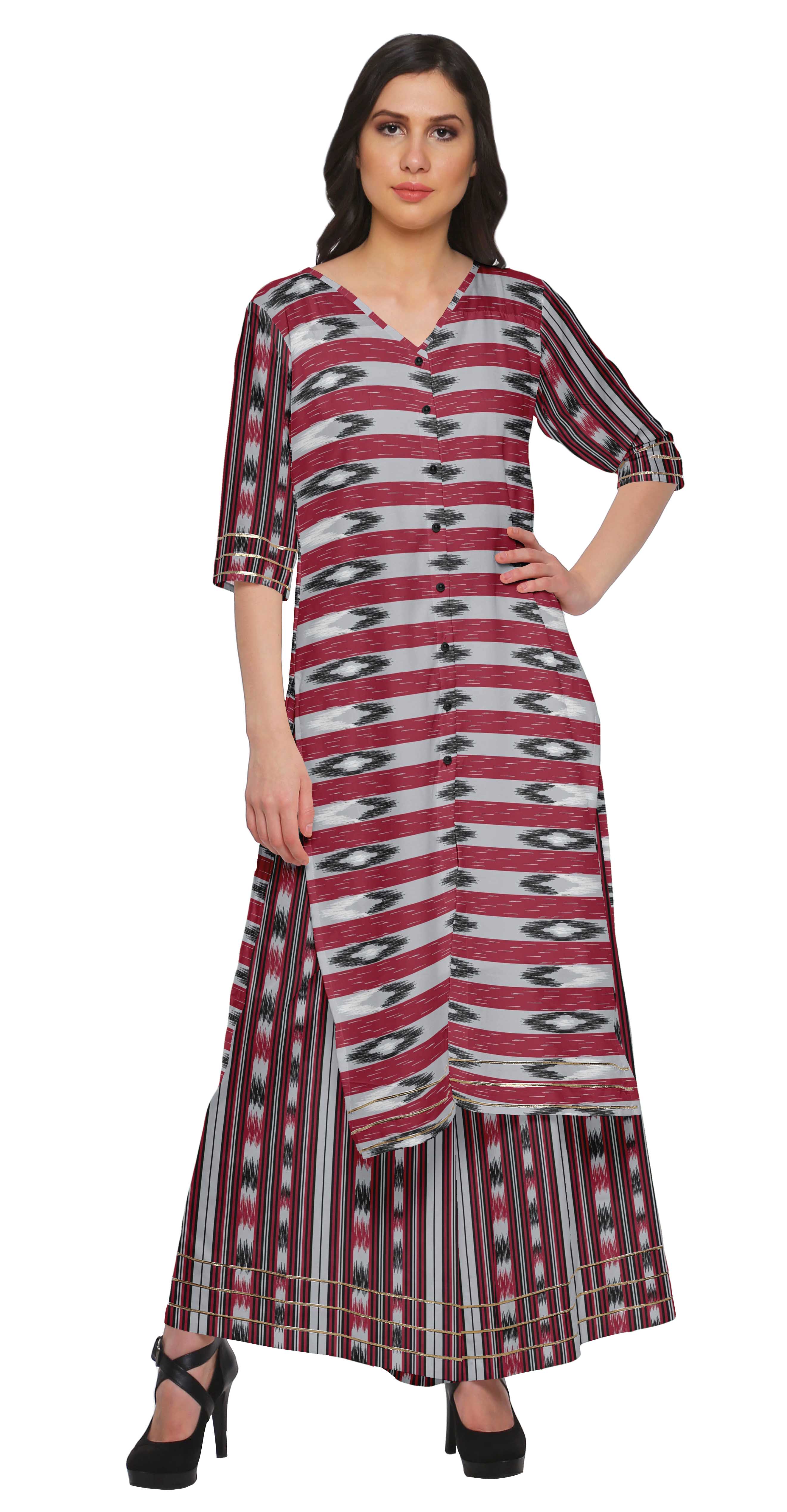 

Moomaya Сукня в етнічному стилі з V-подібним вирізом із принтом Kurta та брюками Palazzo XS червоний